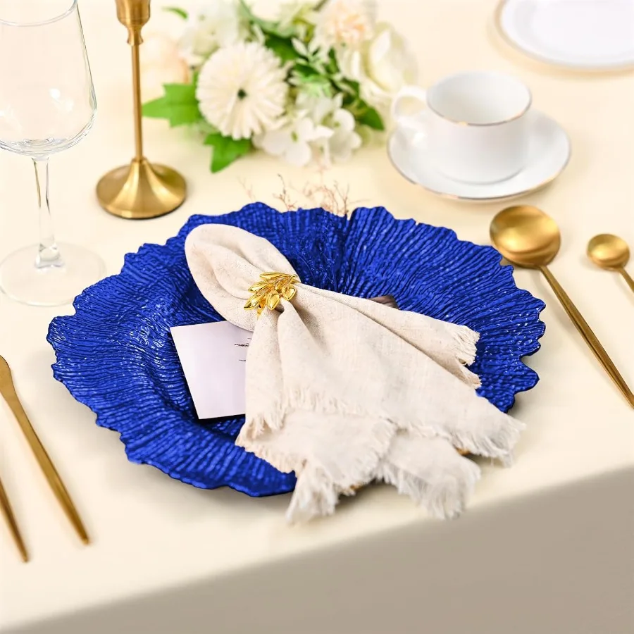 50 قطعة أطباق الشاحن الأزرق الملكي السائبة 13 "شواحن لوحة الشعاب المرجانية لتناول العشاء البلاستيك الأزهار أطباق الزخرفية لإعداد الطاولة الأربعاء #5