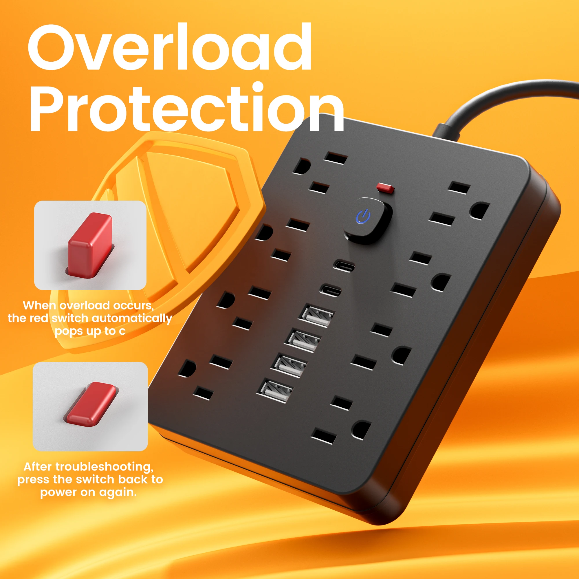14-in-1 Power Strip Switch Surge protector Prection multifunctional socket electric flat plug with USB Type-C charger oulets