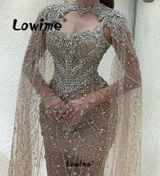 Haute Couture Champagne Arabic Evening Dresses Luxury Crystals Tassel Beaded Mermaid Prom Dress Robe De Soiree 2024 With Gloves