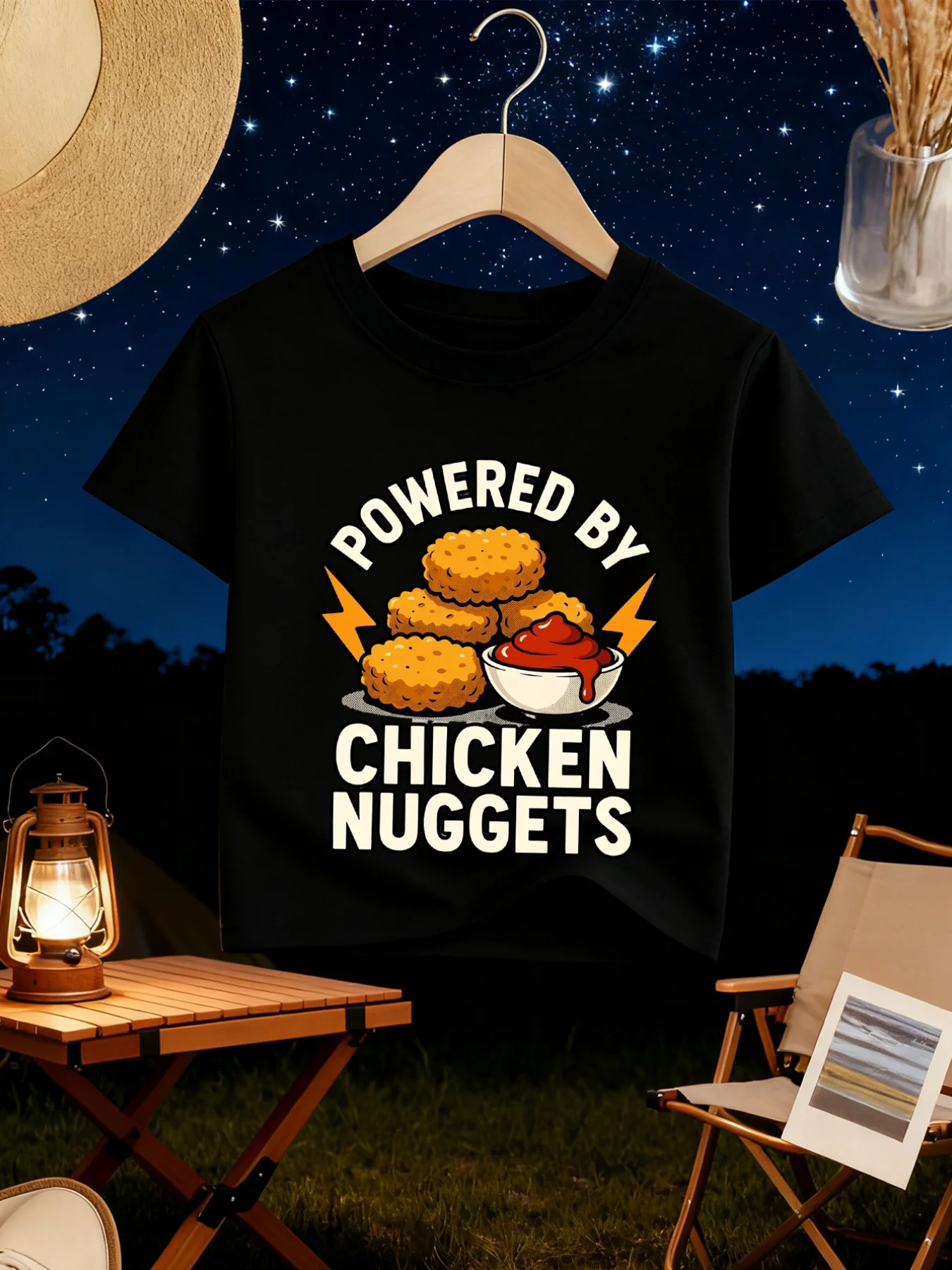 Kids Powered By Chicken Nuggets Funny Food Graphic Tee Boys Girls Family Matching Short Sleeve Humor Casual Everyday T Shirt