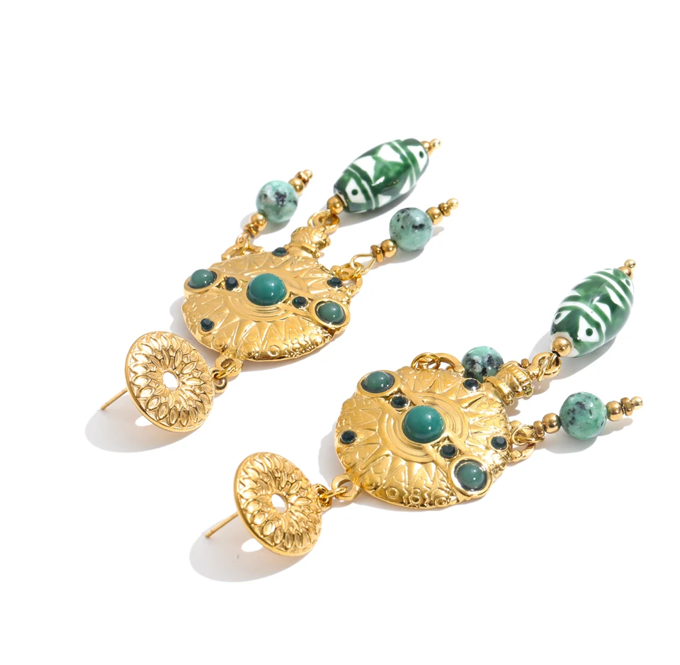 Yhpup Edelstahl-Ohrringe mit grünen Keramiksteinen, 18K Goldfarbe, PVD-beschichtet, 2027 Frühlingsstil Charm-Schmuck – Detail 2