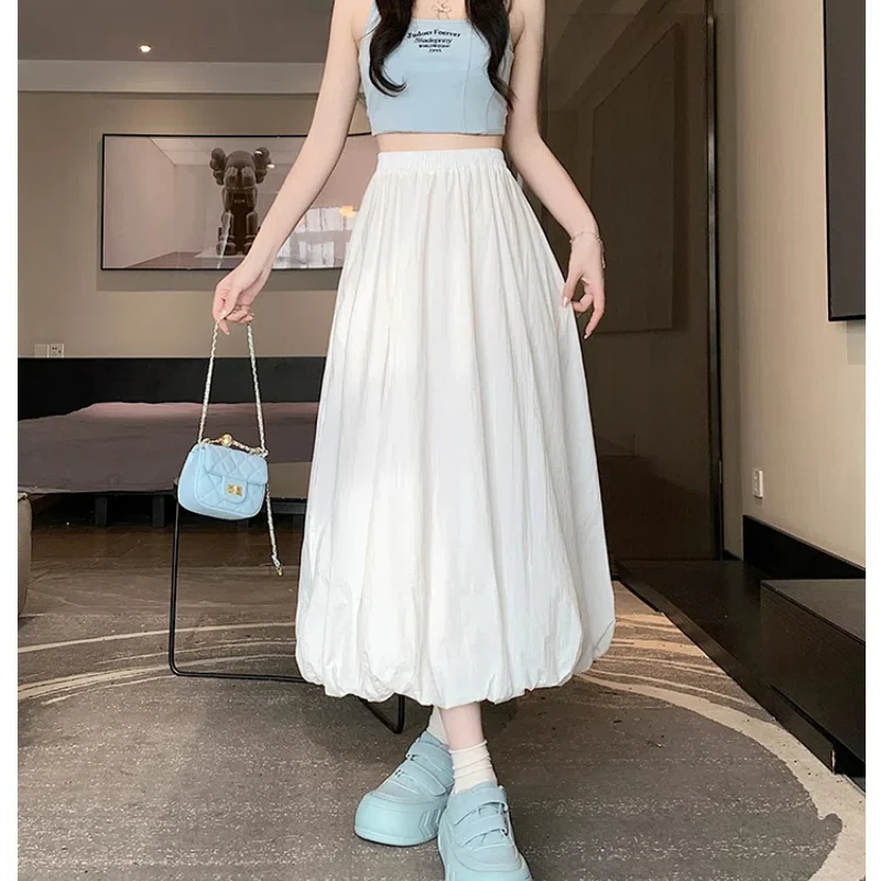 

Black Grey White Skirts Y2k Women Summer Solid High Waist Loose Long Bubble Skirt Simple Casual Pleated Ladies Skirts Streetwear