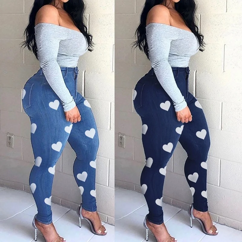 Heart Print Plus Size XL-5XL Jeans Slim Skinny Bodycon Denim Jean Pantalon Femme Pencil Pants Trousers Africa Women Streetwear