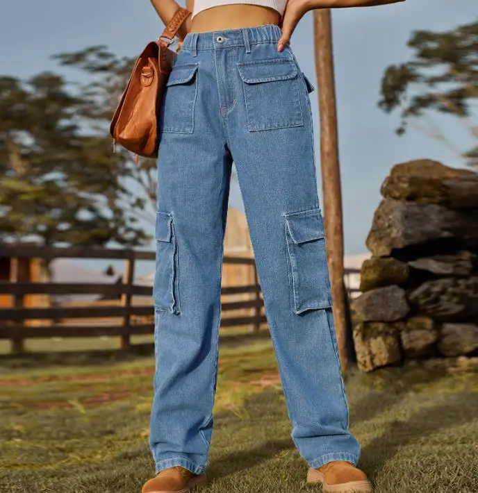 

2025 Retro Washed Elastic Multi Pocket Denim Work Pants for Women's Casual Personality, Slim Fit and Simple Denim Work Pants