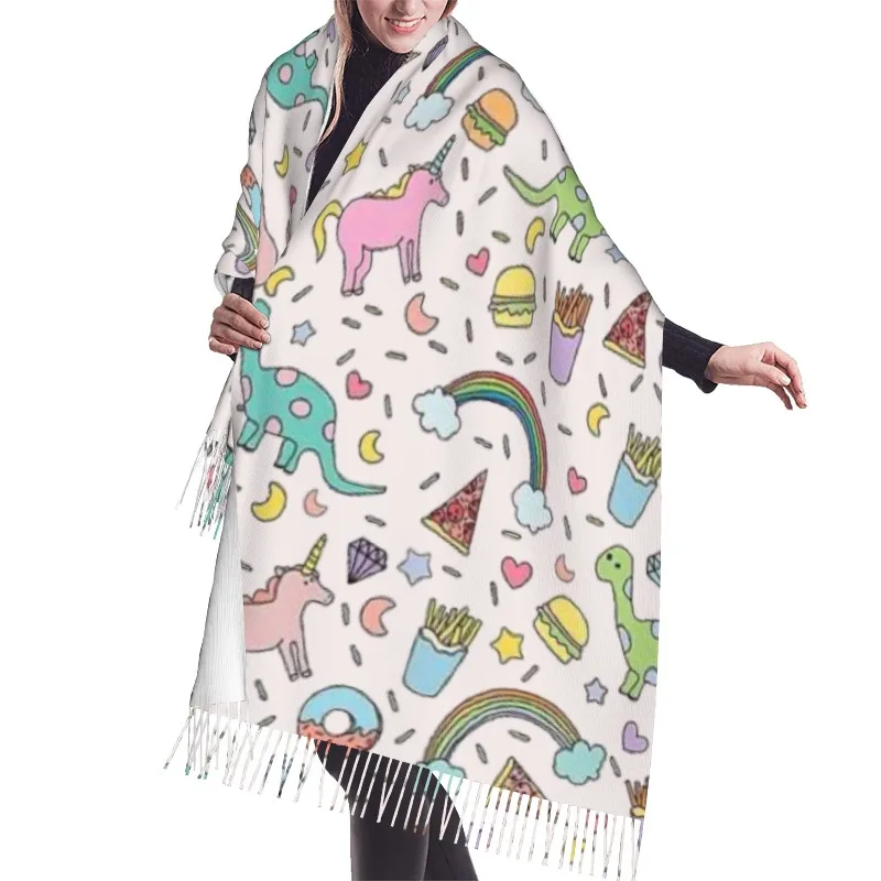 Cartoon animals, small dinosaurs Winter Cashmere Scarf Women Luxury Print Female Shawl Wrap Scarves Lady Thick Warm Blanket Gift