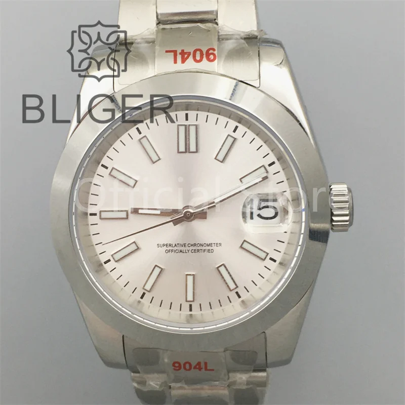 BLIGER 36mm/39mm Watch For Men With NH35 Movement Stanless Steel Bracelet White Dial With Silver/ Gold Stick Inde Polished Bezel