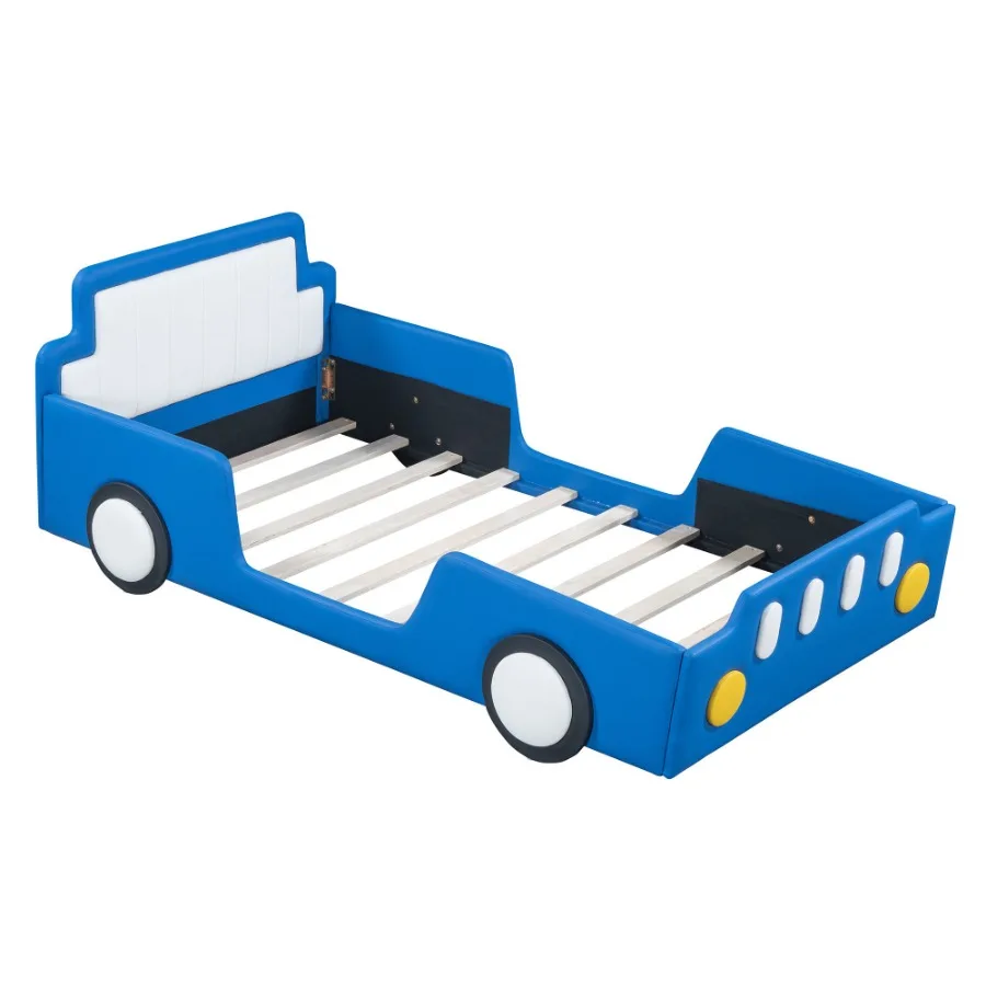 Twin Size Race Car-Shaped Platform Bed with Wheels Blue