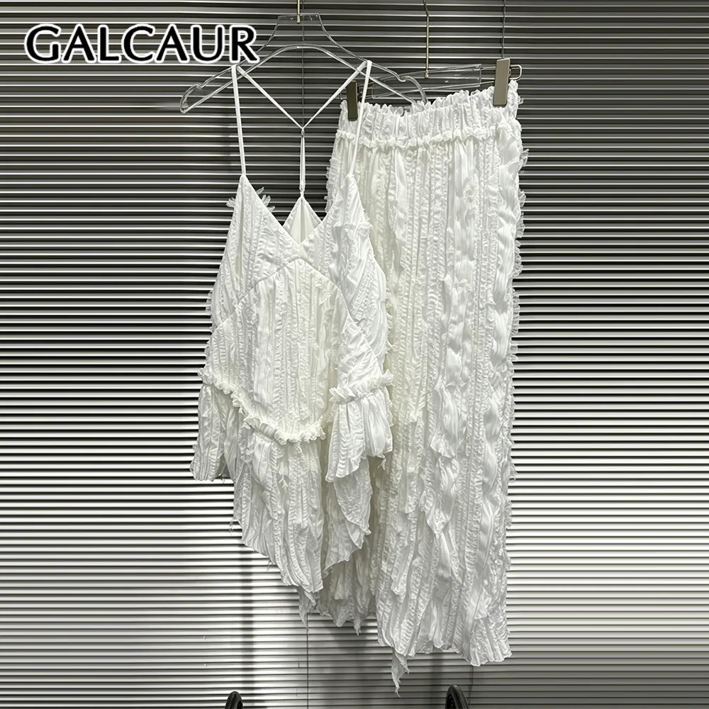 

GALCAUR Solid Slimming Spliced Folds Two Piece Set for Women V Neck Sleeveless Top Patchwork Split Skirt Sets Female Fashion New