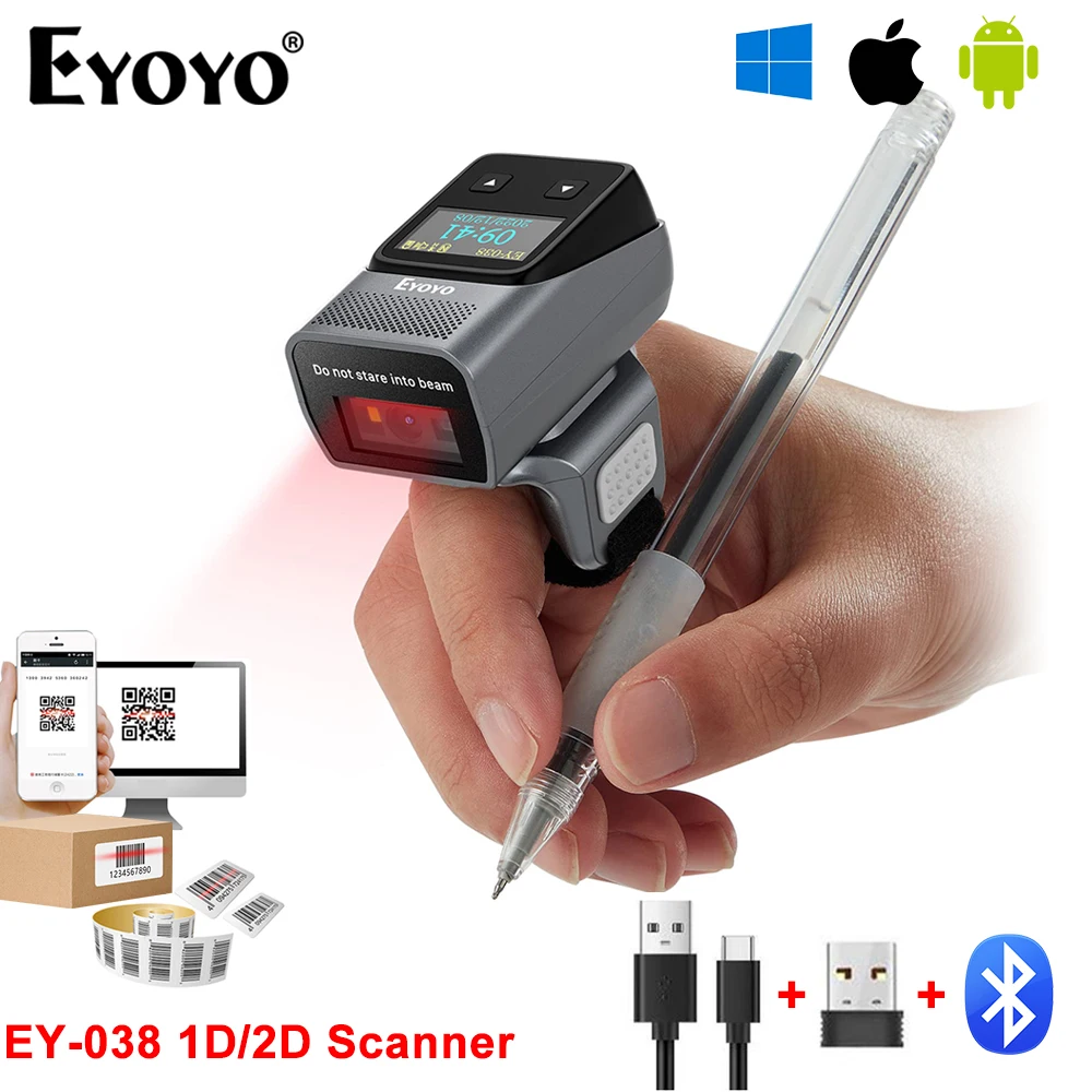 Eyoyo EY-038 Ring Barcode Scanner with Screen.1D Laser/2D Mini Wearable Bluetooth Finger QR Code Reader.Support Screen Scanning