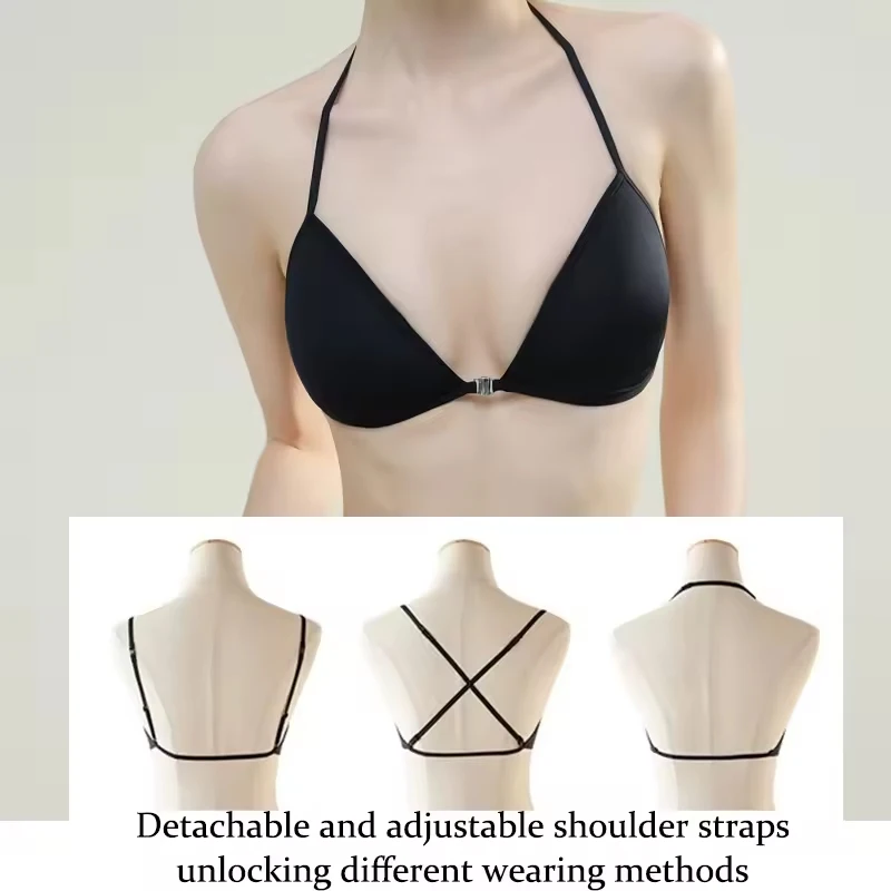 FINETOO Sexy French Triangle Cup Bras Women's Simple Thin Shoulder Strap Bra Summer Multiple Ways to Wear Front Closure Tank Top
