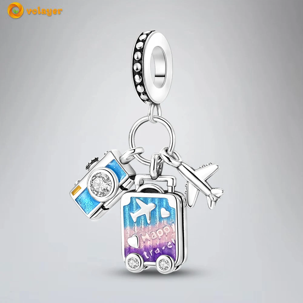 

Volayer 925 Sterling Silver Beads Camera Luggage Airplane Charm Original Pandora Bracelets for Women DIY Jewelry Free shipping