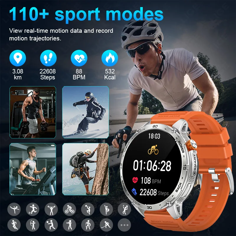 LIGE 730mAh Large Battery Ultra Long Standby Time LED Flashlight Men Bluetooth Call Smartwatch Waterproof 1.75inch Amoled Screen