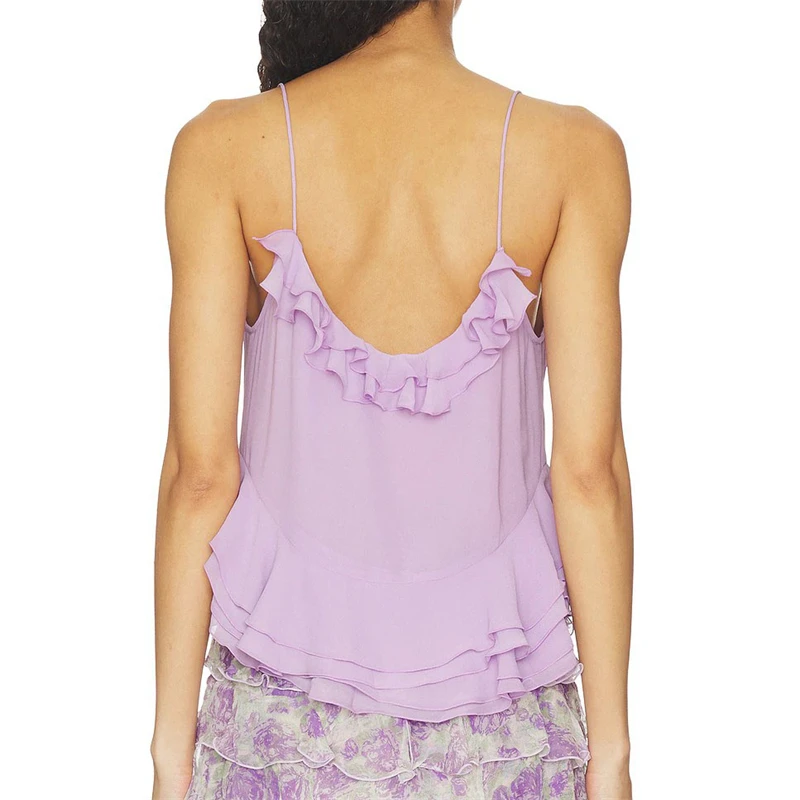 High-quality summer new style violet ruffled camisole top for women, fashionable, sexy, backless, casual, beach vacation bra