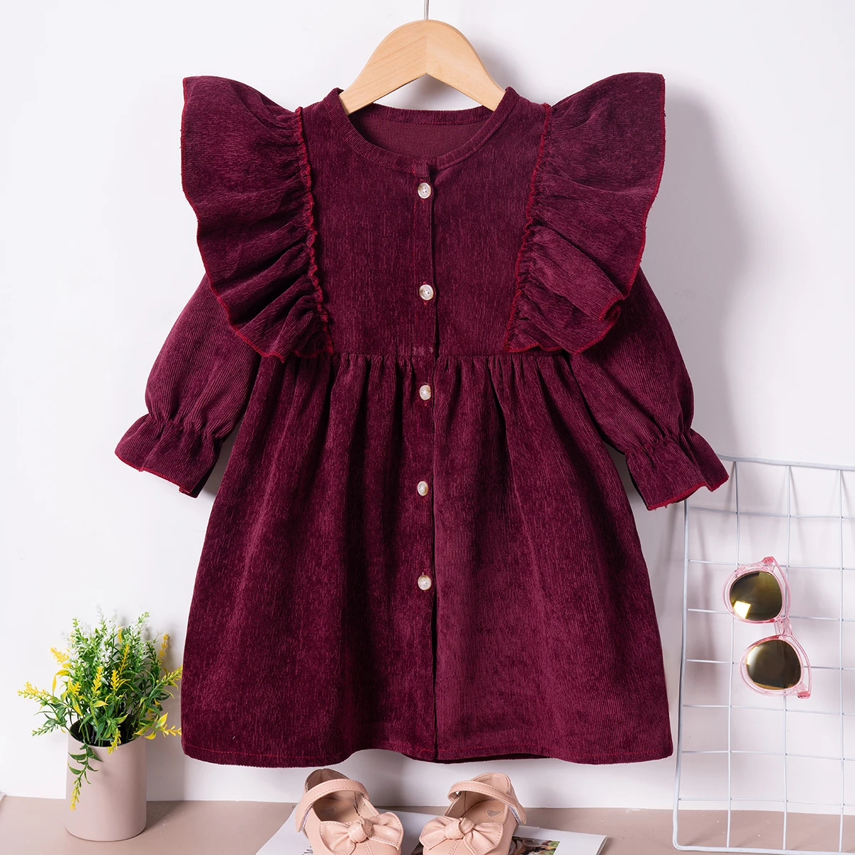 Wholesale Autumn And Winter Baby Girl Dresses Cute Ruffled Edge Solid Color Long Sleeved Round Neck Dresses For Girls\' Clothing