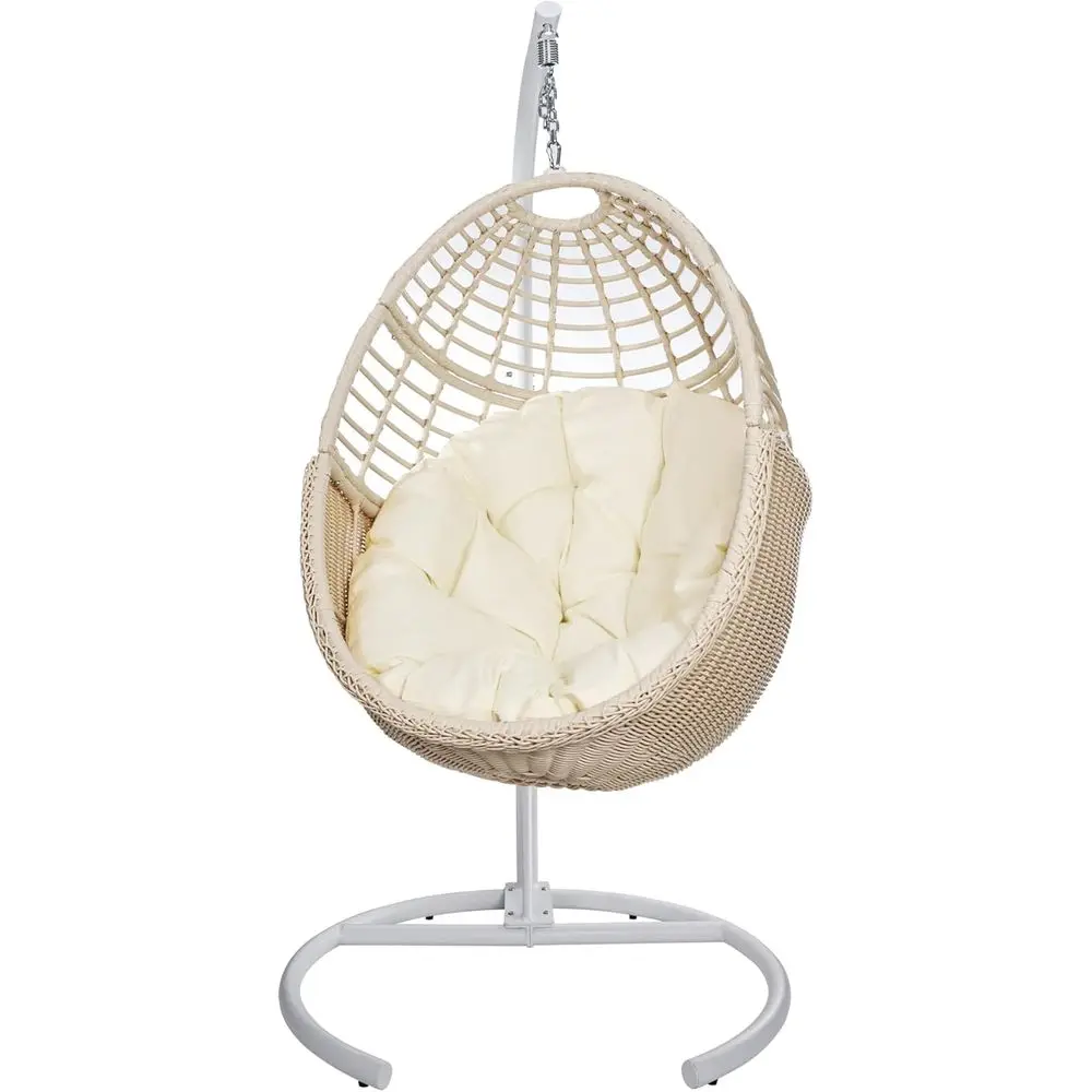 

Beige Indoor/Outdoor Wicker Rattan Swing Chair with Stand, 300 lbs Capacity, Cushion Included