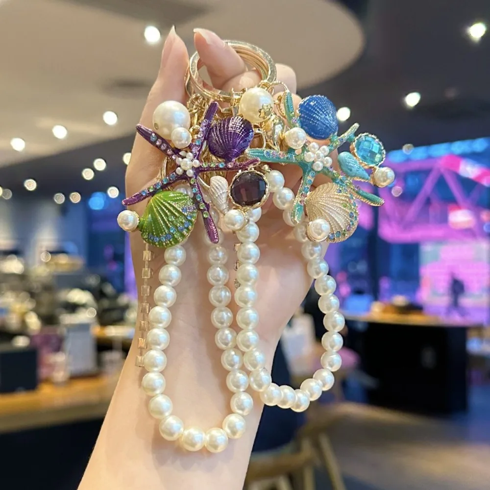 Ocean Series Mobile Phone Lanyard Strap Pearl Shell Starfish Hand-beaded Bag Pendant Anti-Lost Arts Crafts Car Keychain