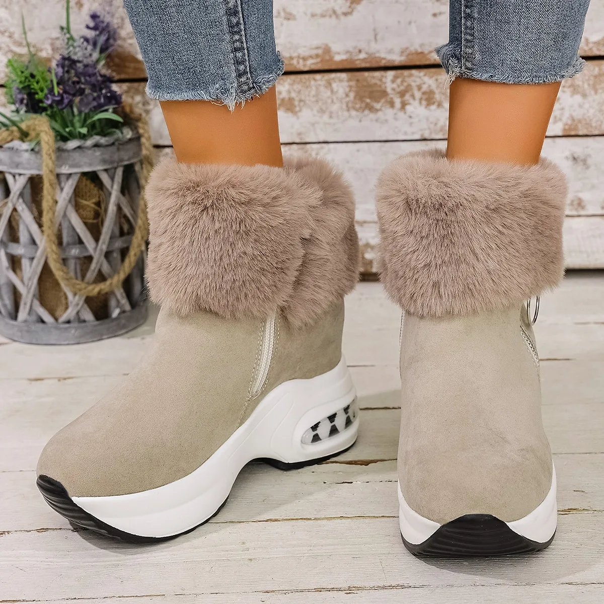

Ankle Boot for Women Warm Fuzzing Plush Winter Snow Boots Retro Zipper Woman Internal Increasing Keep Outdoor Smooth Botas Mujer