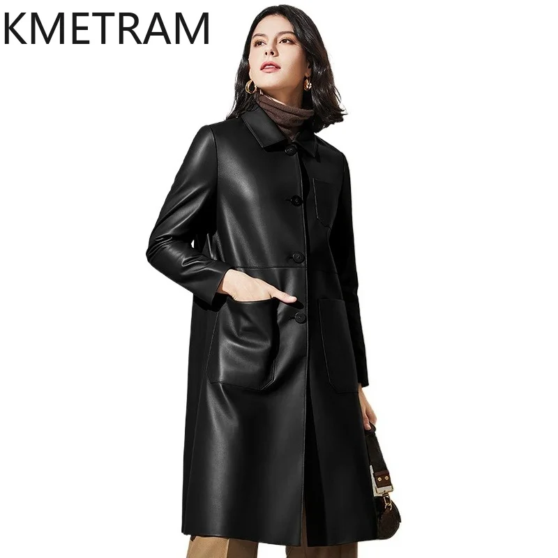 KMETRAM Genuine Sheepskin Leather Jacket Woman Mid-Length Autumn Coats Fashion Loose Coat 2026 New Women Clothing кожаная куртка