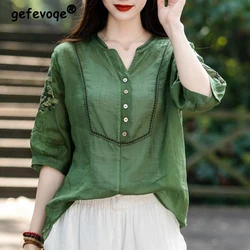 2023 Women Vintage Embroidery Elegant Cotton Linen Blouses Summer Trendy Simple V Neck Half Sleeve Shirts Chic Loose Tops Blusa