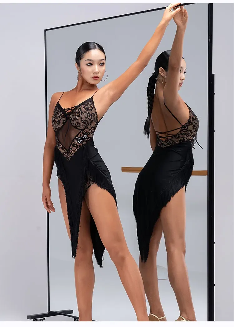 New Latin Dance Dress Women\'s Strap Lace Adult Top Training Dress Rumba Cha Tango Dance Tassel Dress