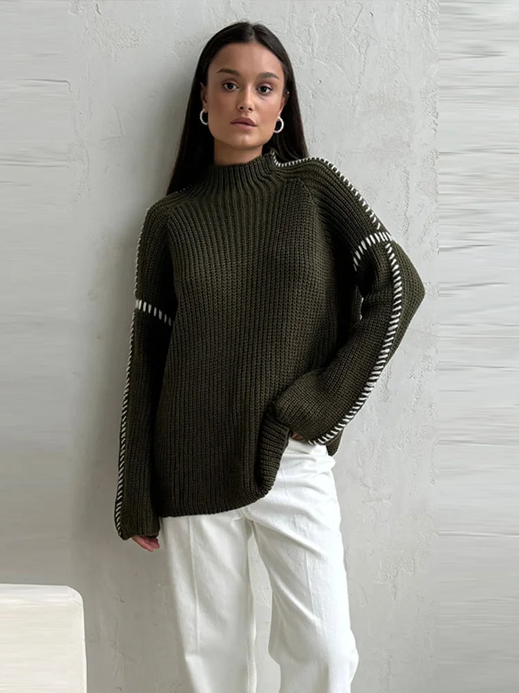 Sweater rajut kontras tambal sulam wanita, Sweater rajutan setengah kerah tinggi lengan panjang longgar musim gugur 2024 elegan baru