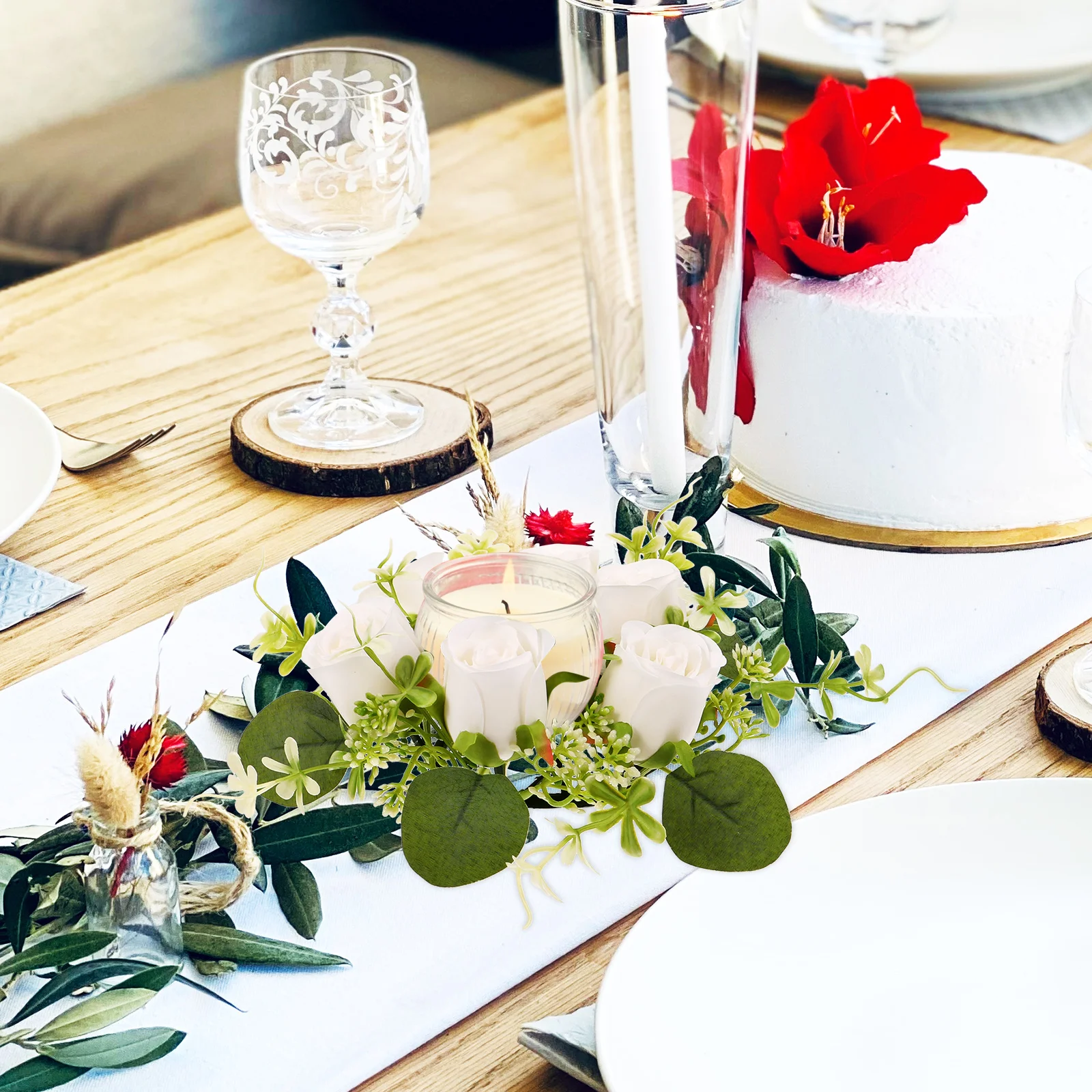 

Silk Rose Ring Party Wedding Home Banquet Decoration Table Pillars Garland Leaf Floral Ring Durable Lightweight Compact