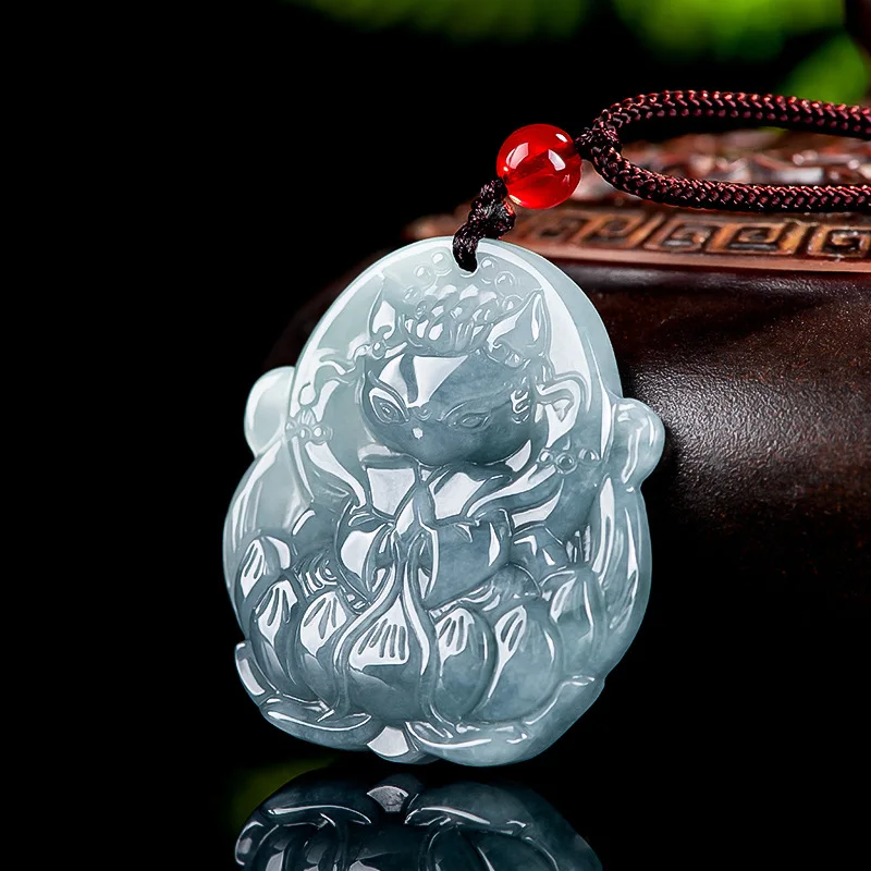 

Natural Jade Handmade Carving Blue Water Nine-tailed Fox Fairy Necklace Pendant Women's Luxury Accessories Gift Free Certificate