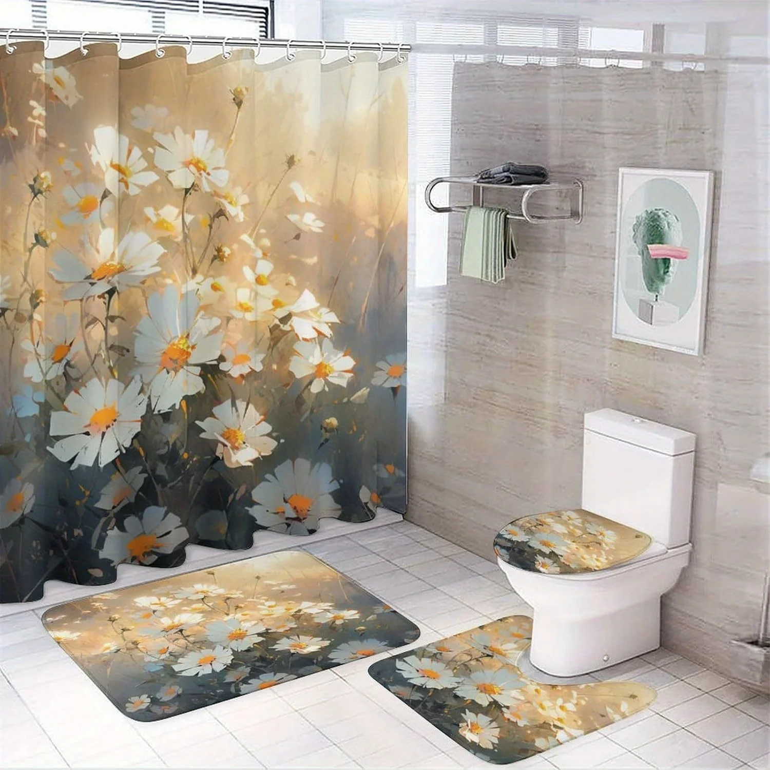 

Набор занавесок для душа с цветочным рисунком ромашки из 4 предметов, нескользящим ковриком и чехлом на сиденье унитаза — яркий желтый и белый дизайн с ромашками