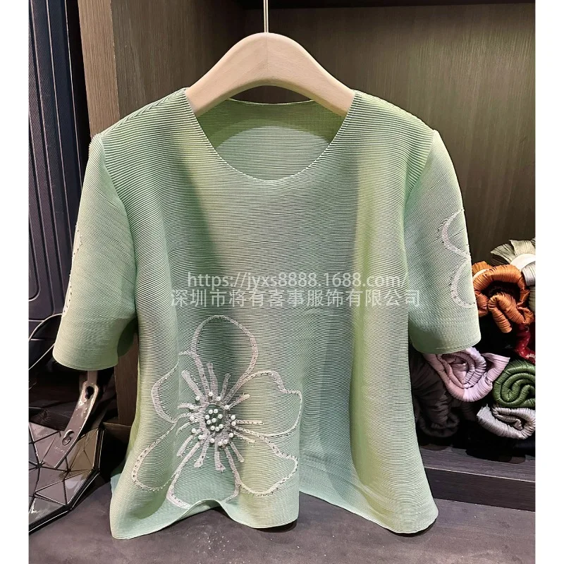 

Miyake Pleated T-shirt 2026 Summer New Beaded Round Neck Pleated T-shirt Women Casual Large Size Simple Short-sleeved Tops Women