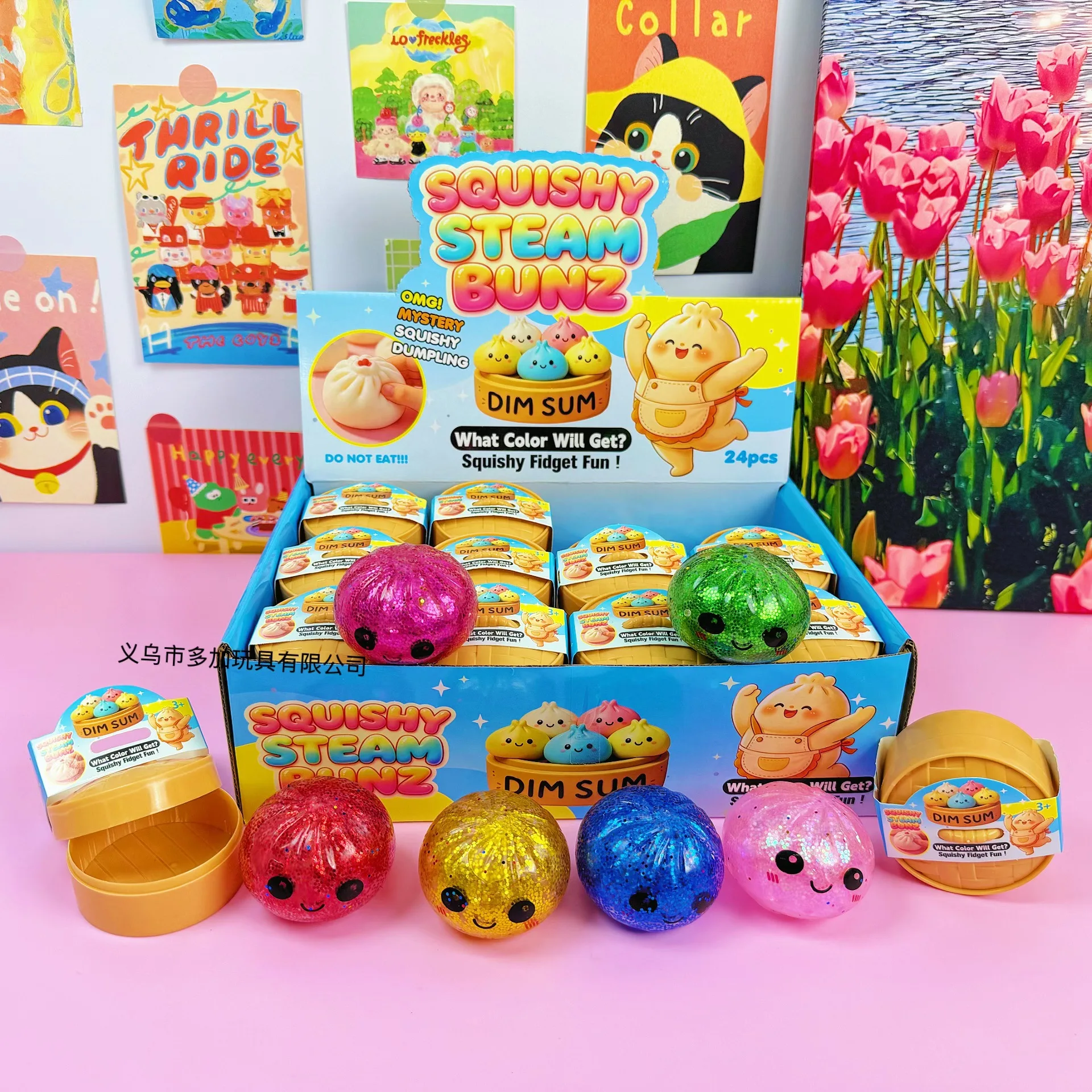 1-6 Stück Glitzer-Dumpling-Squishies mit Dampfgarer-Box, Quetschspielzeug gegen Stress und Angst, zufällige Farbe