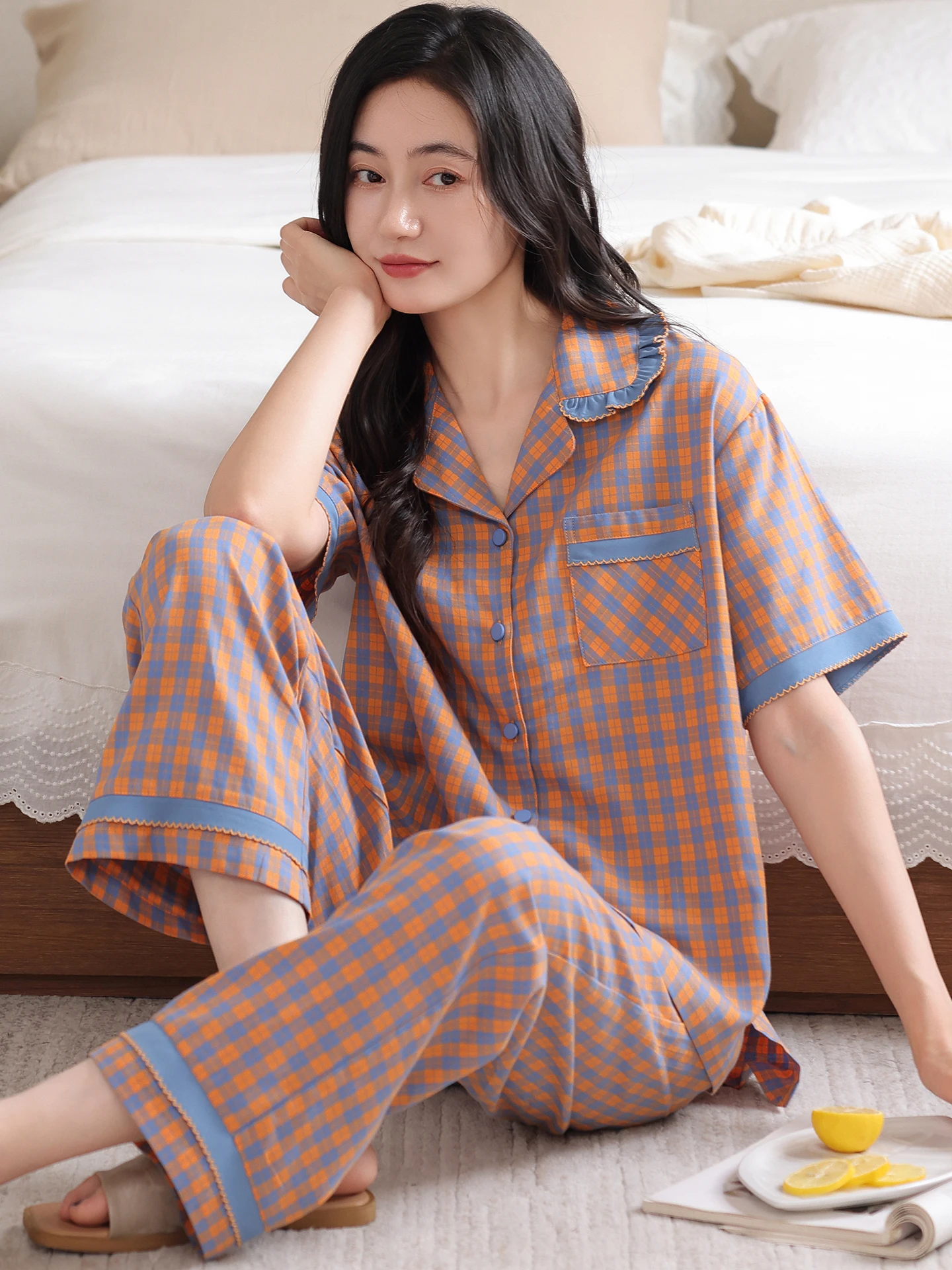 pure-cotton-round-person-sleepwear-knitted-thin-short-sleeve-plaid-open-cardigan-set-summer-breathable-home-clothes-for-men-a