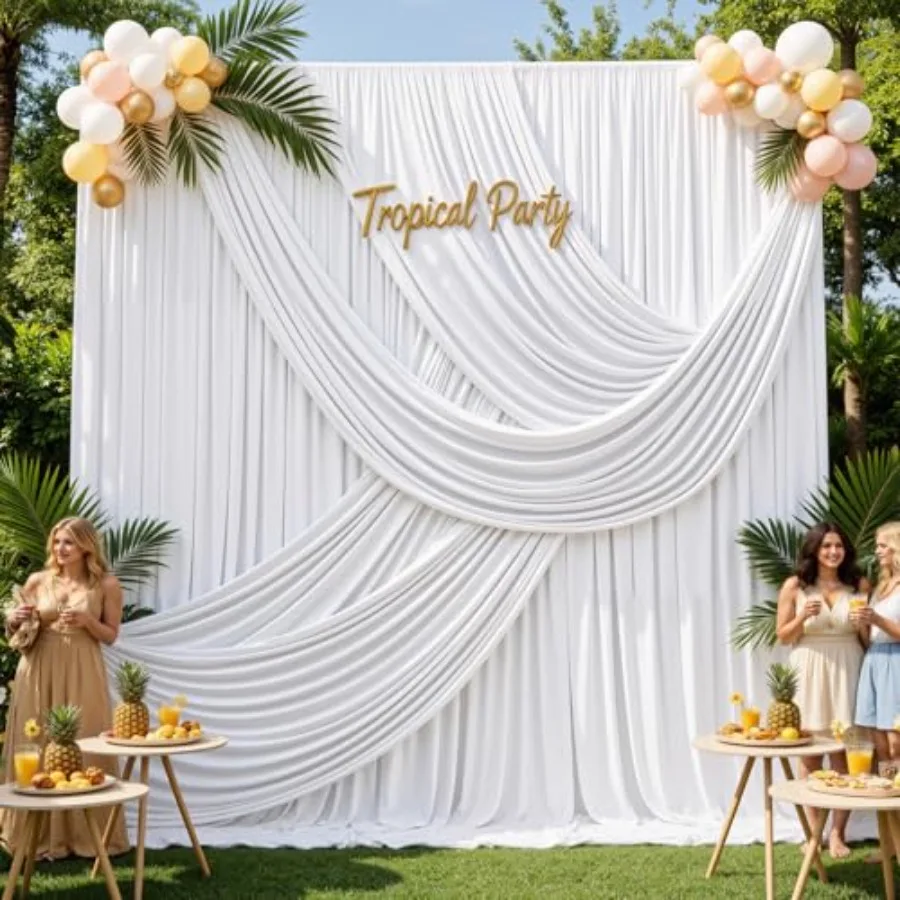 

Wedding parties backdrop curtain, polyester, white, wrinkle-free and long 20ft×14ft with 4 panels each 5ft W ×14ft(H) for photo