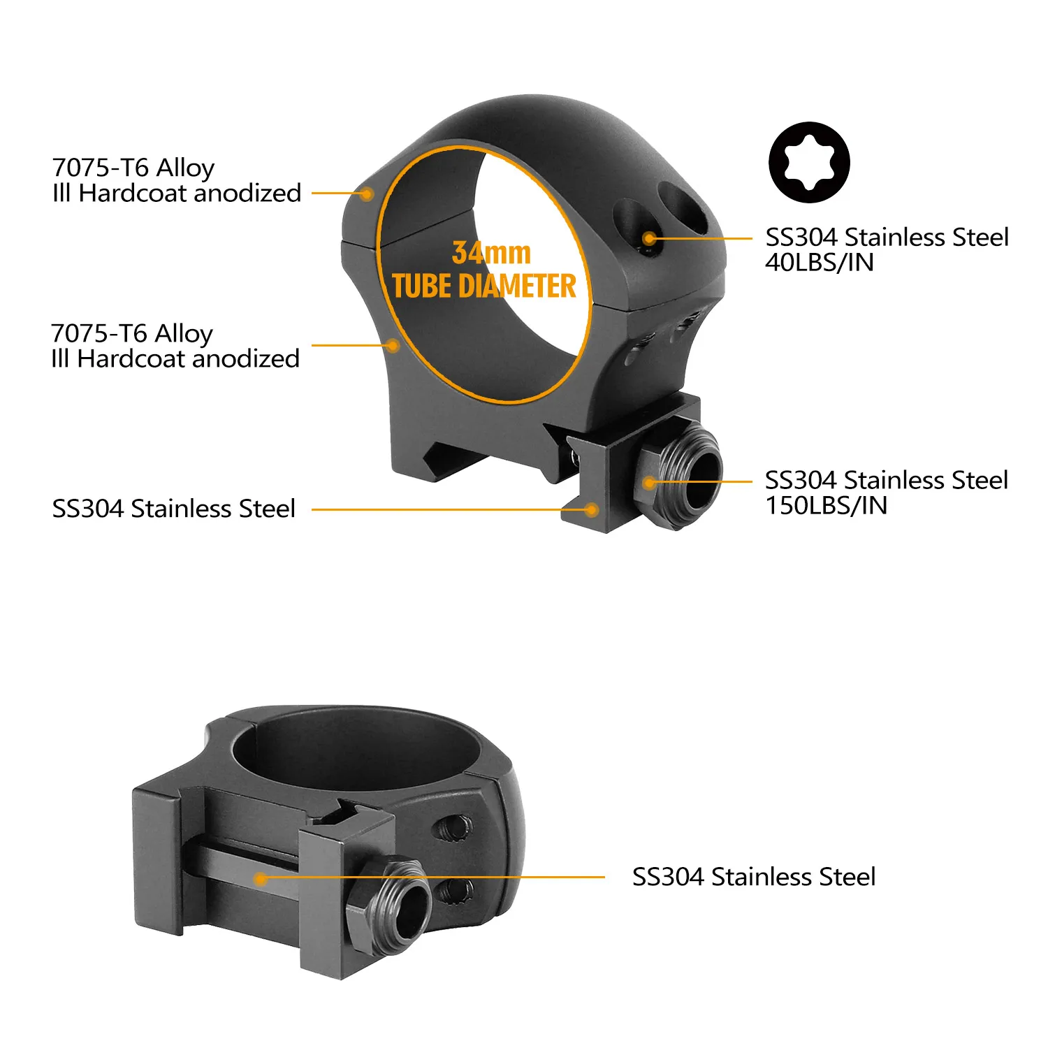 ohhunt 30mm or 34mm Scope Rings High Medium Low Scope 7075-T6 Alloy lll Hardcoat anodized Mount Fit 20mm