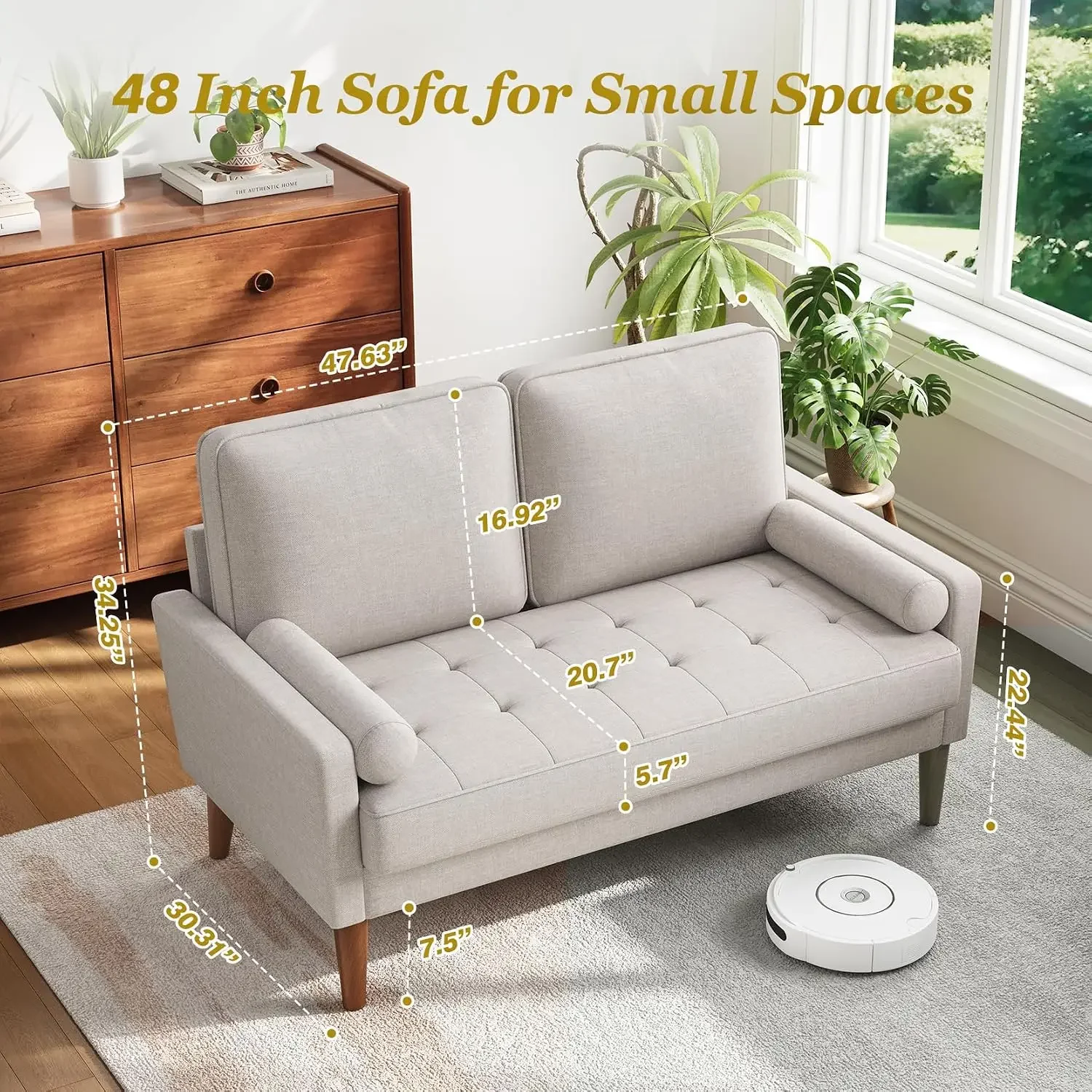 Loveseat Sofa with Solid Wood Legs, 48
