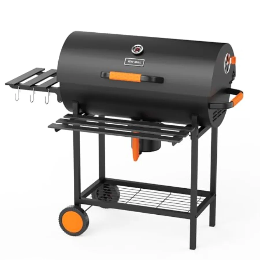 29-Inch Barrel Charcoal Grill with Heavy Duty Construction and Manual Rotisserie Meat Fork Featuring One Click Cleaning System