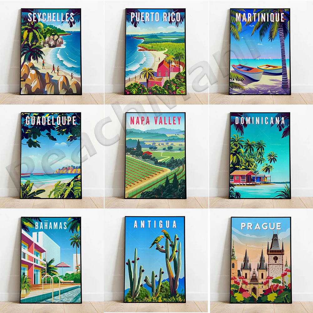 Romantic landscape poster of Guadeloupe, Seychelles, Martinique, Curacao, Bahamas, Puerto Rico, Antigua, Caribbean, Napa Valley