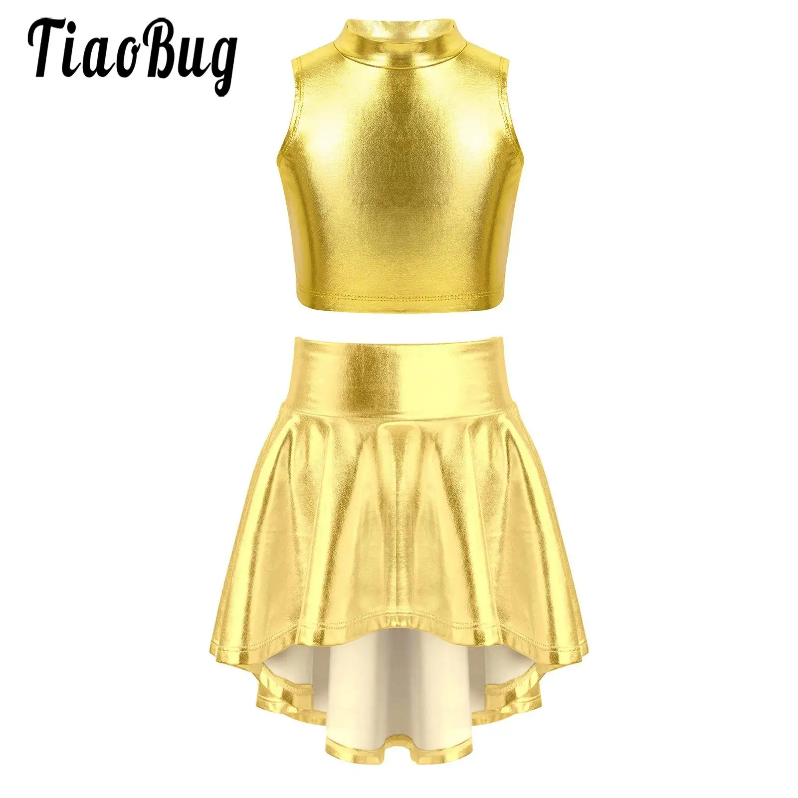 

Kids Girls Shiny Metallic Dance Cheer Sport Outfit Sleeveless Crop Top with Skater Skirt Set for Dancing Stage Performance