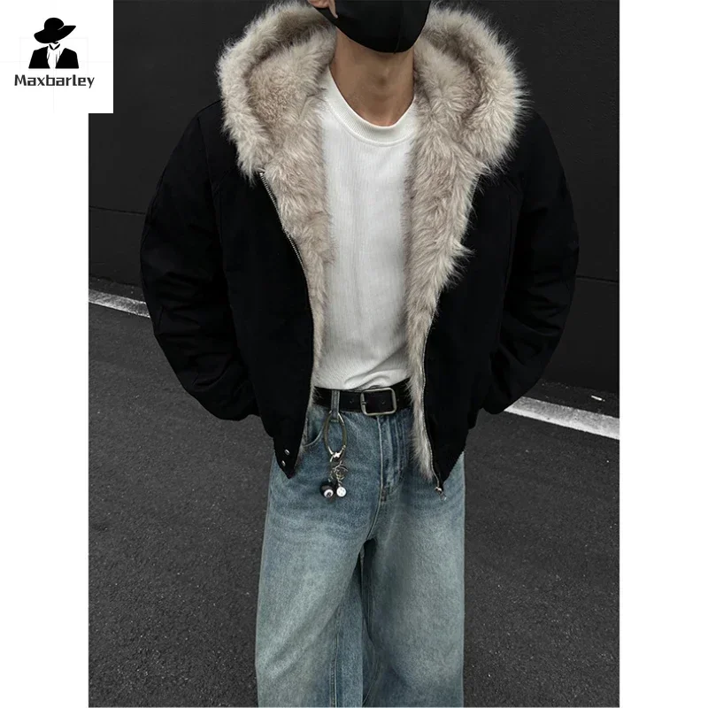 

Fashion Big Fur Collar Hooded Jacket Men's Winter New Casual Thickened Warm Coat Street Clothing Women's Windproof Padded Jacket