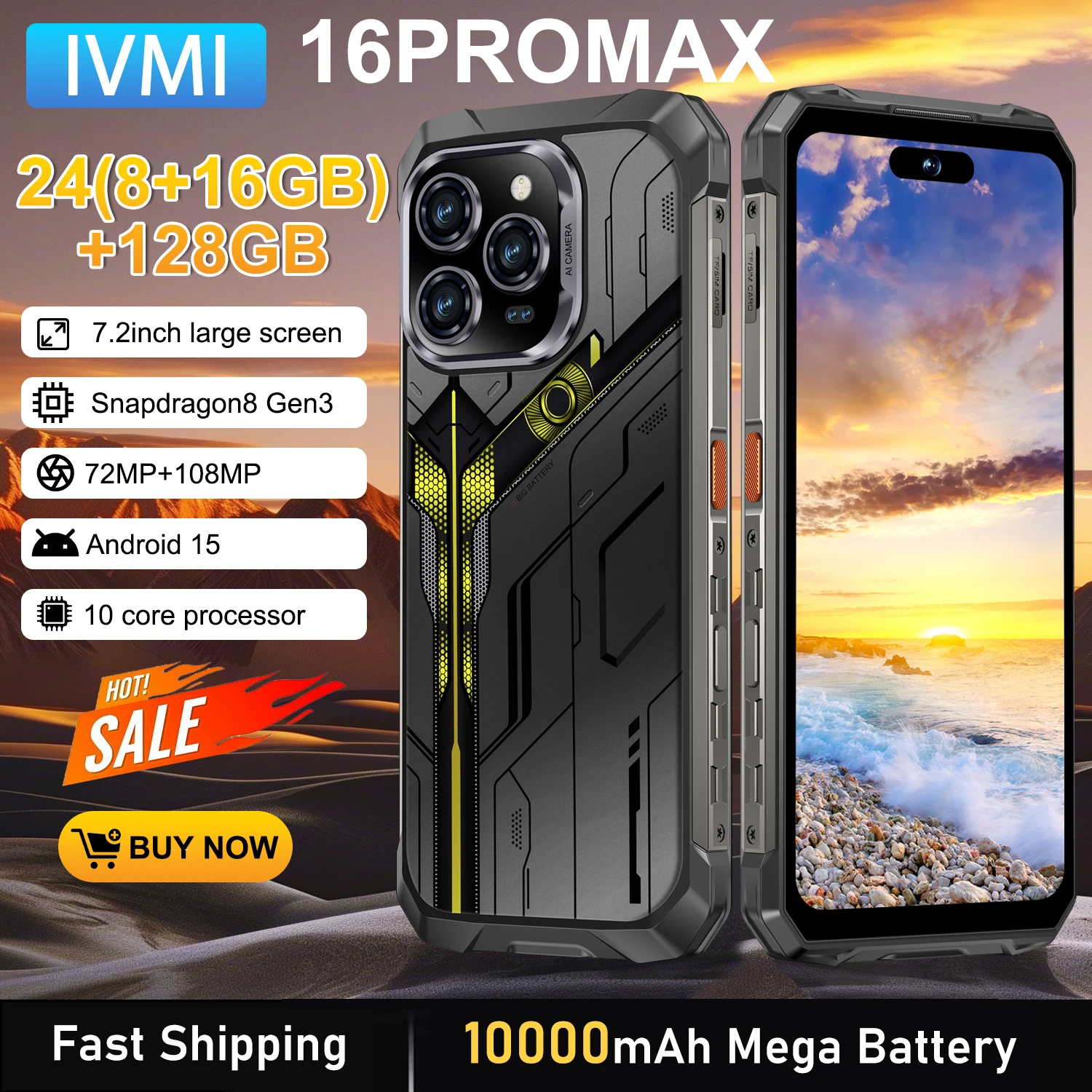 [العالم الأول] IVMI هاتف ذكي متين 16PROMAX وذاكرة وصول عشوائي 24 جيجابايت + 128 جيجابايت وذاكرة وصول عشوائي 7.2 بوصة HD + شاشة أندرويد 15 108 ميجابكسل كاميرا رئيسية 10000 مللي أمبير في الساعة