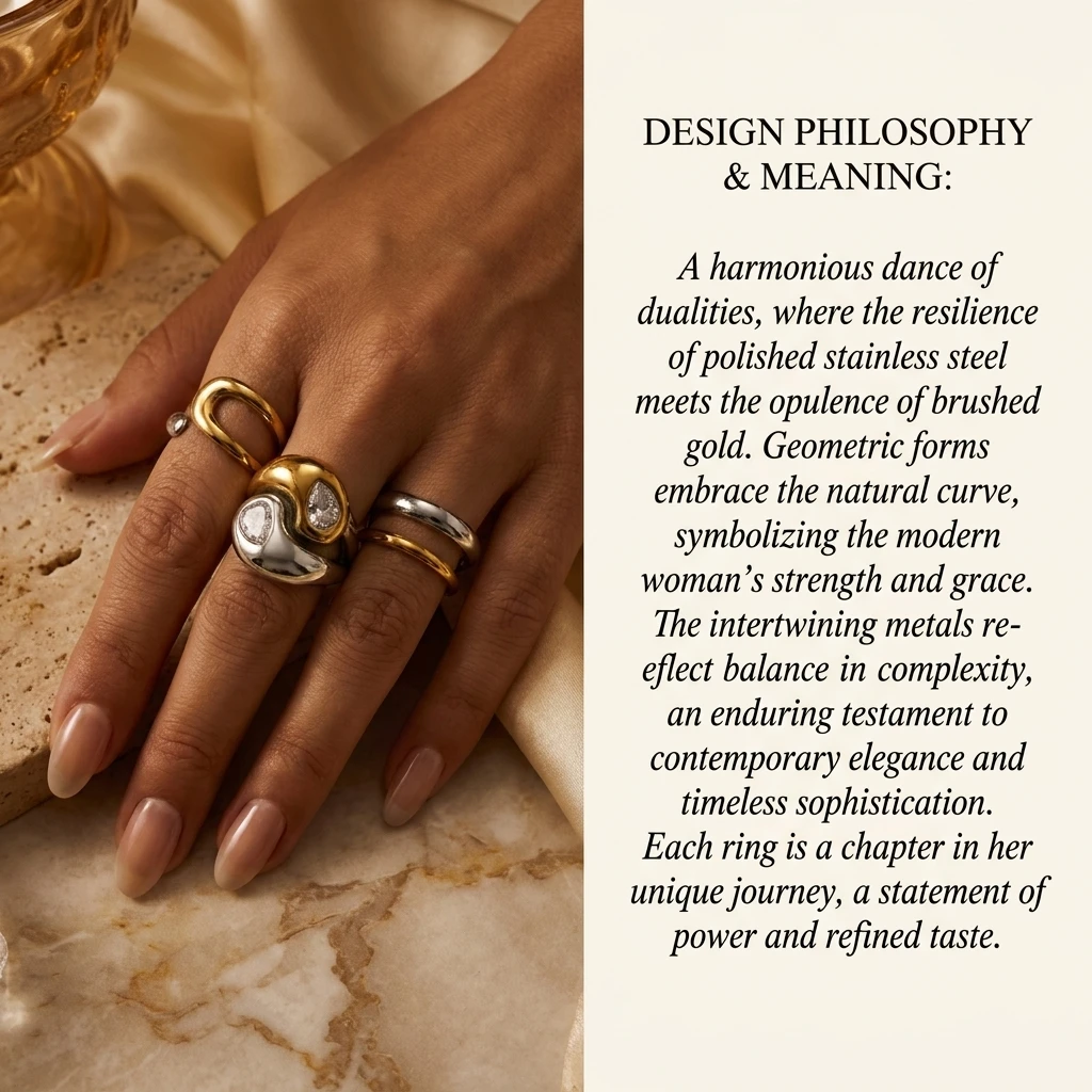 3-teiliges Minimalistisches Zweifarbiges Geometrisches Ringset aus Edelstahl mit Kubischem Zirkonia, Stapelbare Statement-Ringe für Frauen, Tägliches Tragen – Detail 3