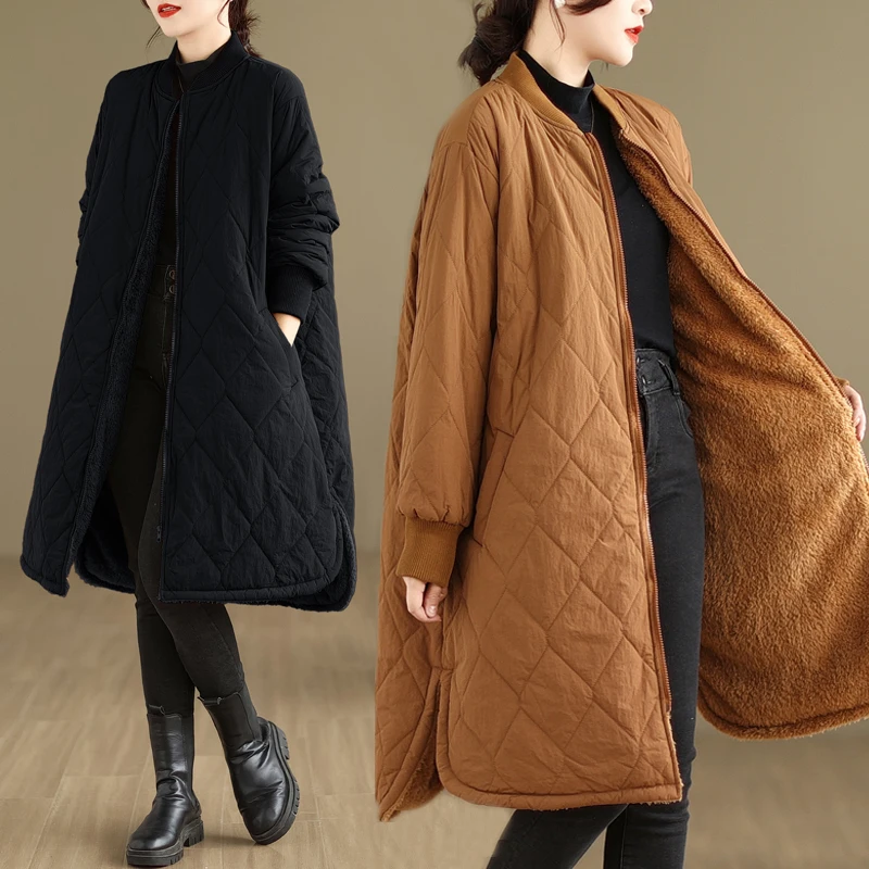 

Thiened Pure Color Korean Sle Oversized Lamb Fur Jaet Mid-Length Cotton Coat Winter New Sle Over-Knee Long Zipper Clo...