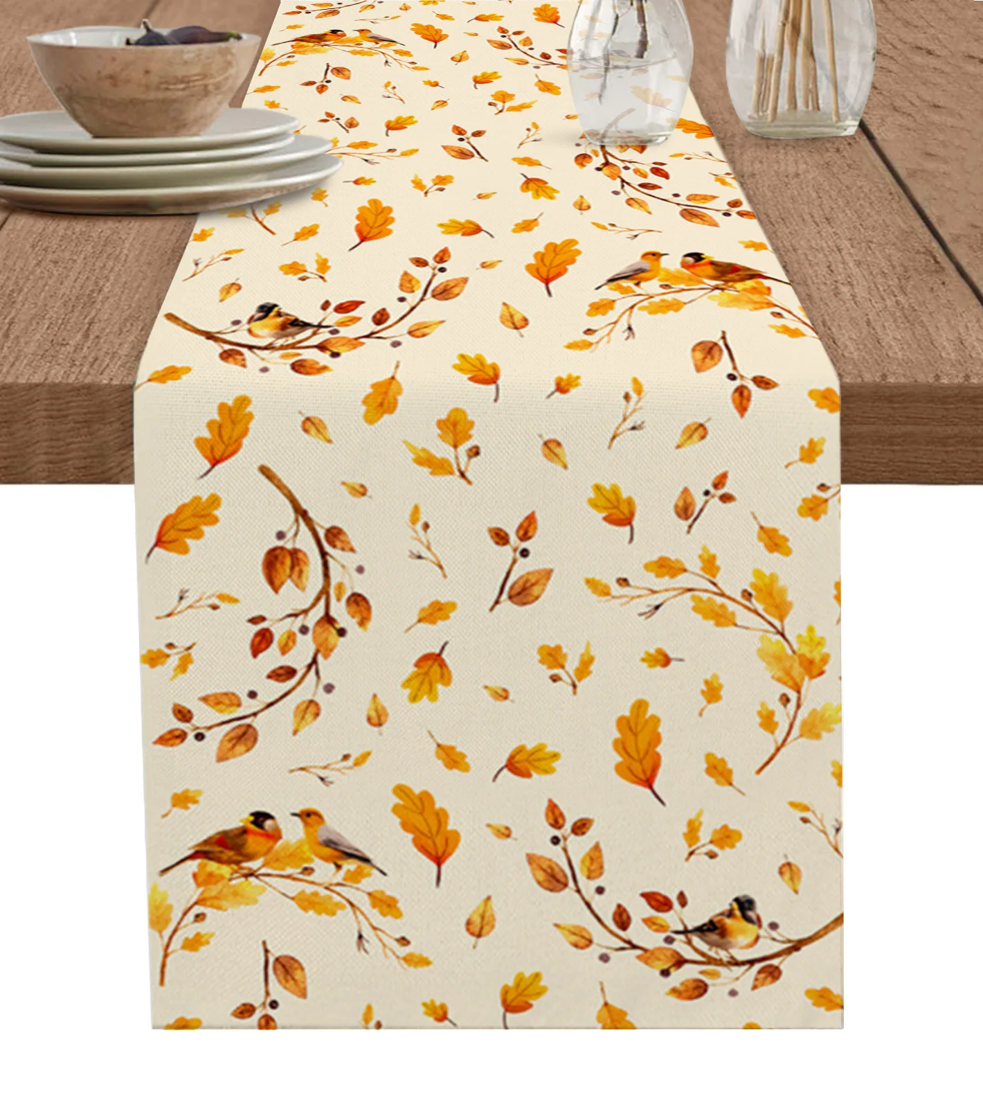 Autumn Leaves Sparrows Nuts Branches Linen Table Runners Kitchen Table Decoration Dining Table Runner Wedding Party Supplies