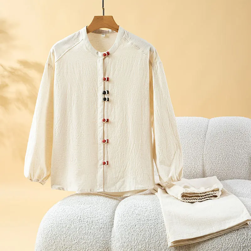 

Новый женский пижамный комплект весна-осень 2026, 100% хлопок, в китайском стиле, с застежкой, свободный крой, с длинными рукавами и брюками, комплект из двух предметов