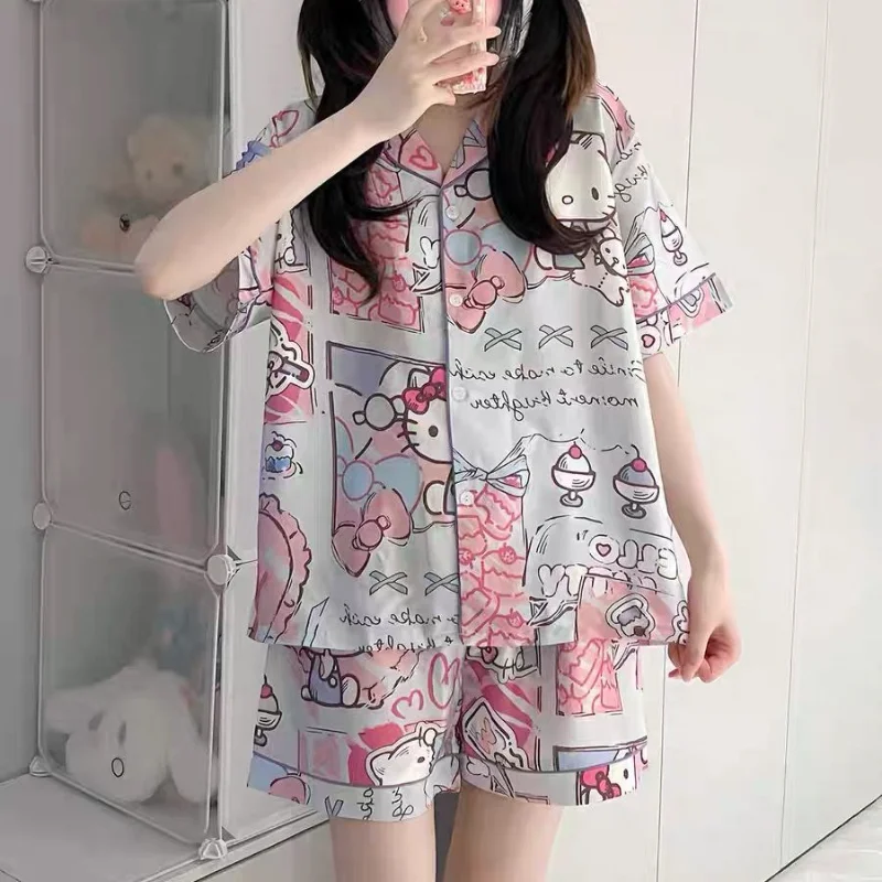 

Sanrio Hello Kitty Women's Sleeping Pajamas Sets Kawaii Cartoon Summer Short Sleeve Shorts Young Girl Sleepwear Home Clothes