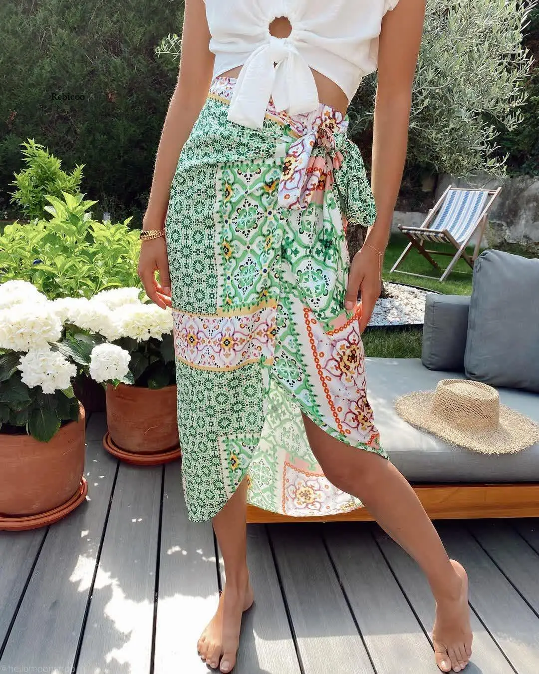 

2022New Summer Women Beach Style Vintage Patchwork Print Skirt Female Casual Tie Split Slim Hight Waist Midi Skist