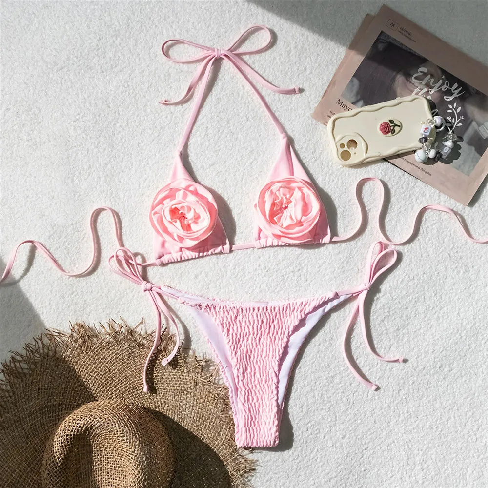 

Pink 3D Flower Sexy Swimsuit Halter String Thong Micro Bikini 2025 Women Swimwear Bather Brazilian Triangle Bikinis Sets Biquini