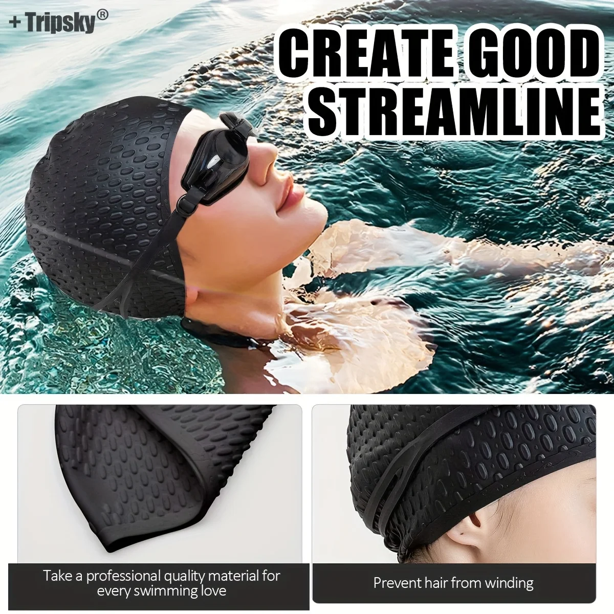 1 Stück Modische Badekappe für langes lockiges Haar, wasserdichtes Silikon mit Tropfenmuster, Unisex für Pool und Strand – Detail 4