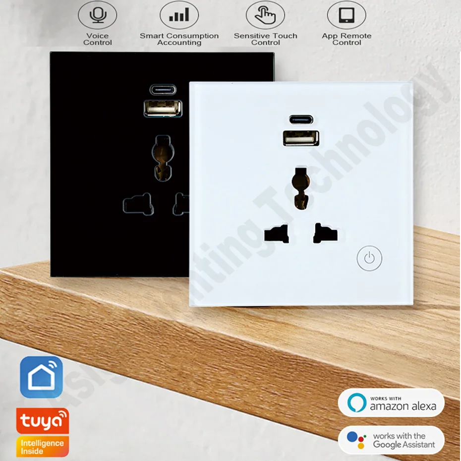 110V 220V Universal Socket and USB Charging Port & Type C Wifi Touch Wall Switch Work with Tuya Smart Life APP Voice Control