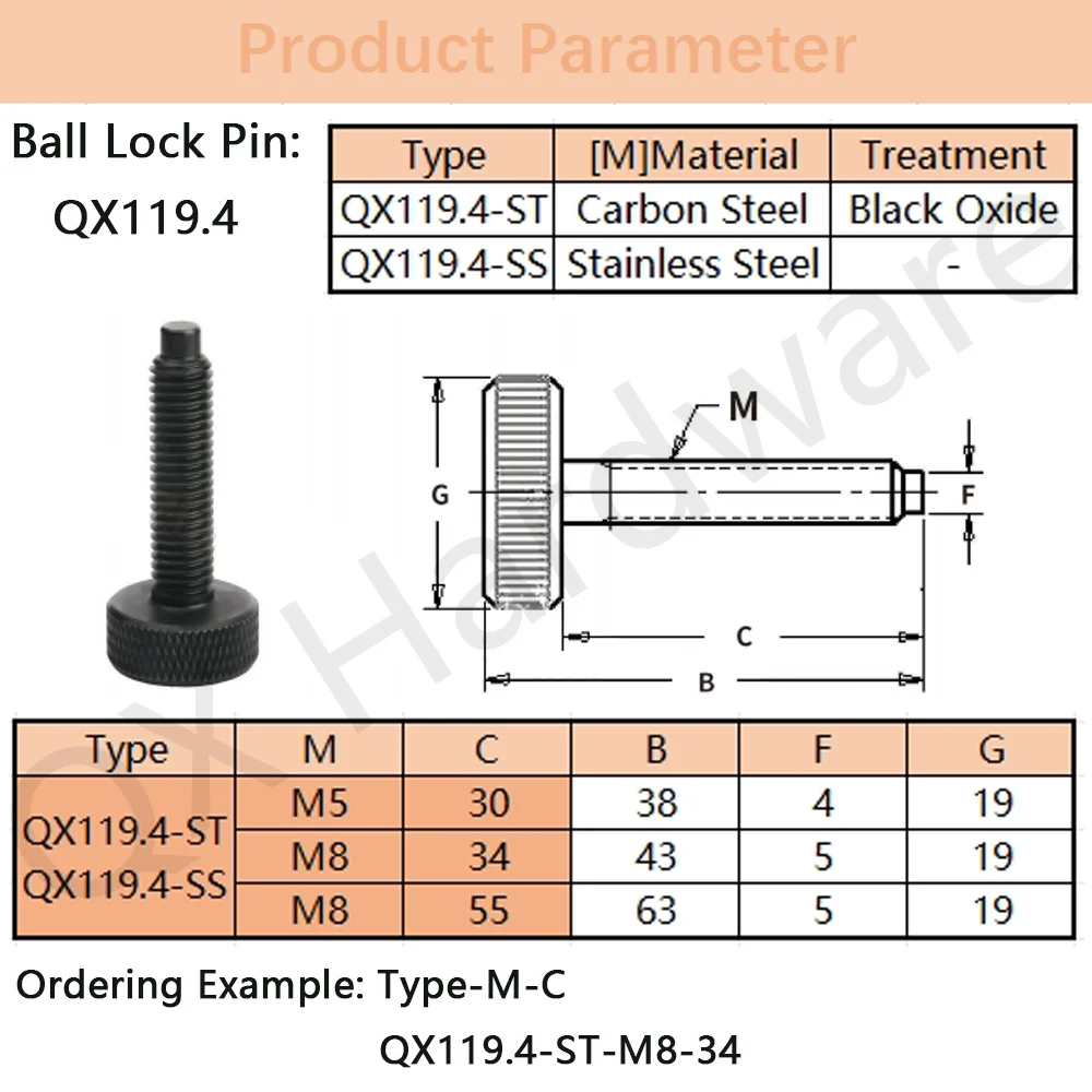 QX119.4 Perno cilindrico con filettatura esterna/Perno di posizionamento del dente esterno/Filettatura esterna con perno in acciaio inossidabile con testa zigrinata