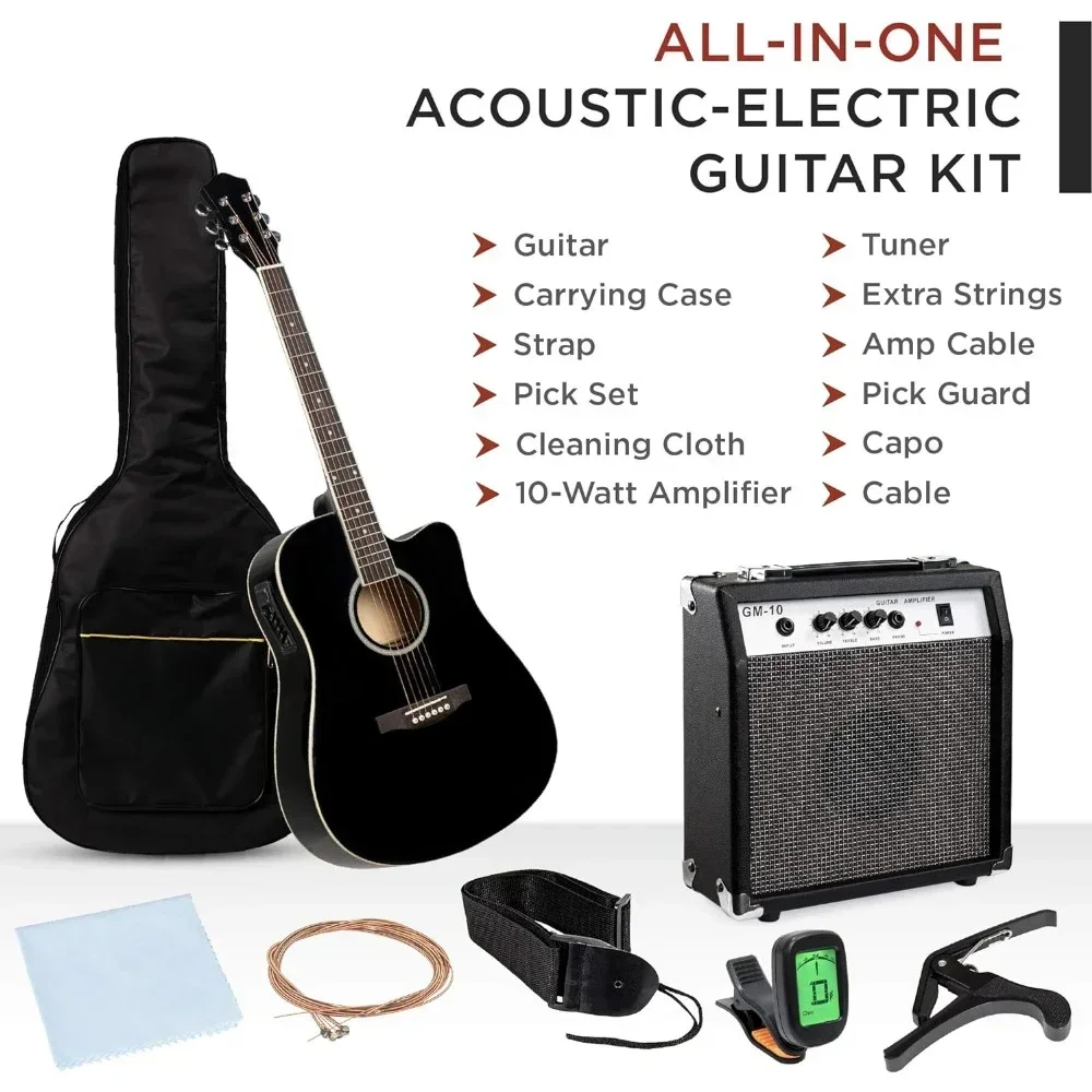 Beginner Acoustic Electric Guitar Starter Set w/ 41in, All Wood Cutaway Design, Case, Strap, Picks, Tuner - Black